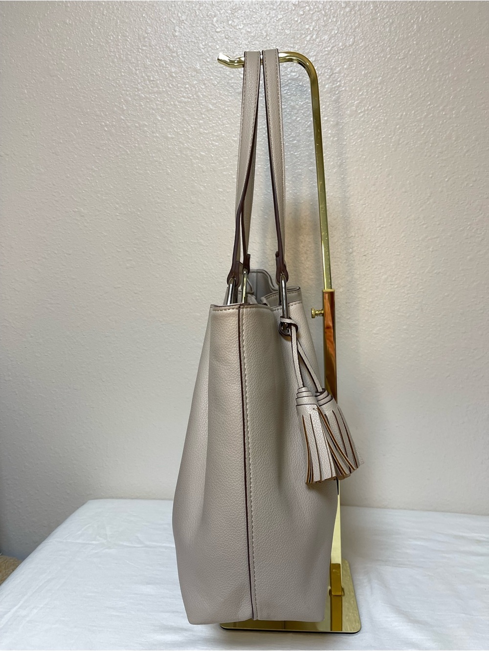 Anne Klein Taupe Vegan Pebbled Texture Tote with Lion & Tassel Charms - Picture 6 of 16